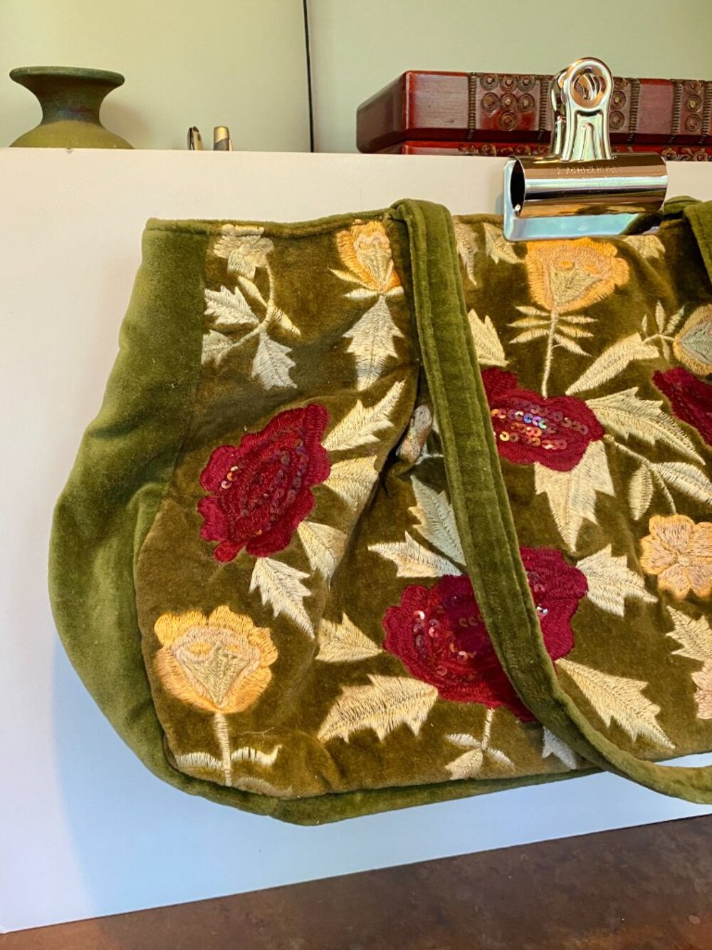 Alexia Crawford New York Green Velvet Burnt Out Shoulder Bag Purse Flowers Boho - Picture 2 of 10